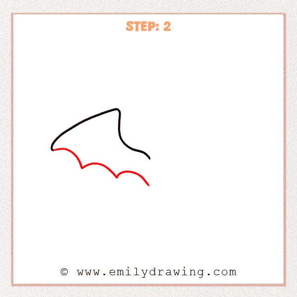 how to draw a dragon wings - Dragon wings sketch showing the top outline plus a new scalloped, wavy lower edge that ends in a pointed tip.